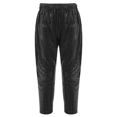 Freebily Kids Girls Boys Shiny Harem Pants Metallic Trouses High Waist Hip Hop Jazz Dancing Performance Radish Pants Black 7-8 Years