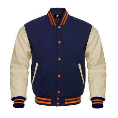 SUPREEM Lightweight Letterman Bomber Baseball High School College Varsity Jacket Cow Leather Sleeve Wool Body Team Colors Jackets (as1, alpha, x_s, regular, regular, Navy/Cream Orange Strip)