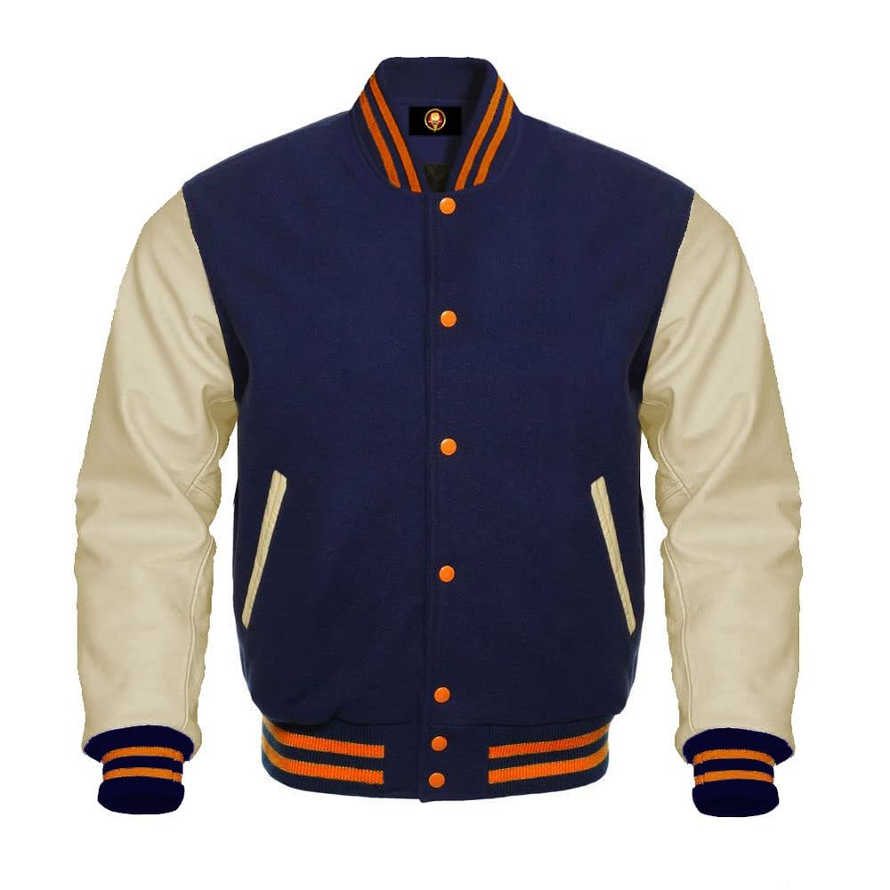 SUPREEM Lightweight Letterman Bomber Baseball High School College Varsity Jacket Cow Leather Sleeve Wool Body Team Colors Jackets (as1, alpha, x_s, regular, regular, Navy/Cream Orange Strip)