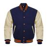 SUPREEM Lightweight Letterman Bomber Baseball High School College Varsity Jacket Cow Leather Sleeve Wool Body Team Colors Jackets (as1, alpha, x_s, regular, regular, Navy/Cream Orange Strip) view 1