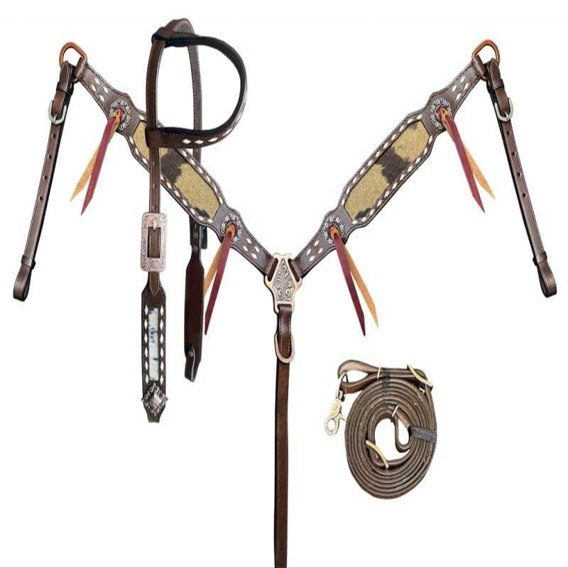 Showman Hair-On Cowhide Single Ear Leather Headstall & Breast Collar Set w/Buckstitch Trim