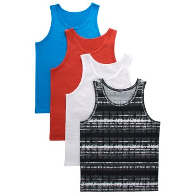 Hanes Boys Tank Undershirts, Moisture Wicking Cotton Stretch, Assorted 4-Pack T-Shirt, Blue/Red/Pattern Assorted, Medium US