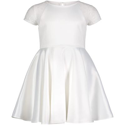 Calvin Klein Girls' Sleeveless Party Dress, Fit and Flare Silhouette, Round Neckline & Back Zip Closure, White Satin, 4T