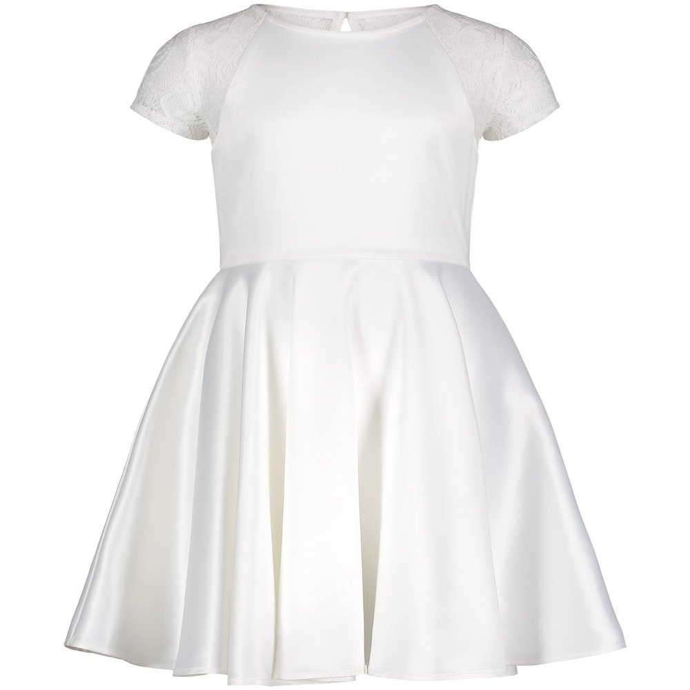 Calvin Klein Girls' Sleeveless Party Dress, Fit and Flare Silhouette, Round Neckline & Back Zip Closure, White Satin, 4T