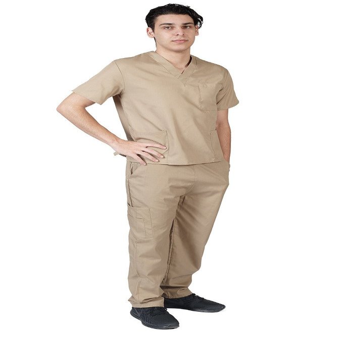 ACTIVE UNIFORMS Men Scrub Set Medical Scrub Top and Pants(Khaki, XX-Small)