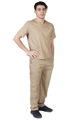 ACTIVE UNIFORMS Men Scrub Set Medical Scrub Top and Pants(Khaki, Small)