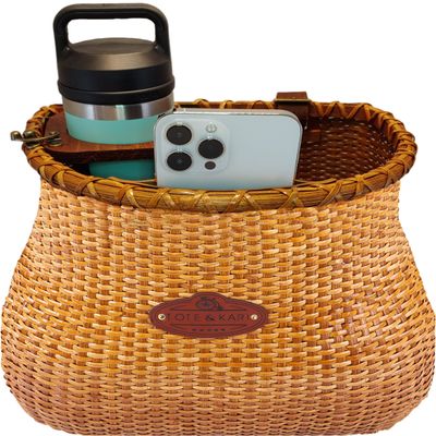 Bike Basket for adult bikes by Tote & Kari | Beach Cruiser or Scooter, Original Wicker Bicycle Baskets with Built-in Cup Holder for Front Handlebar-Classic Handmade Vintage Style Natural Rattan Wicker