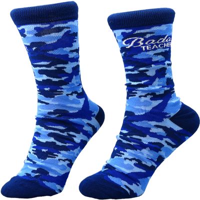 Pavilion - Badass Teacher - M/L 9-13 Women US or 8-12 US Men Blue Camouflage Unisex Cotton Blend Crew Cut Socks