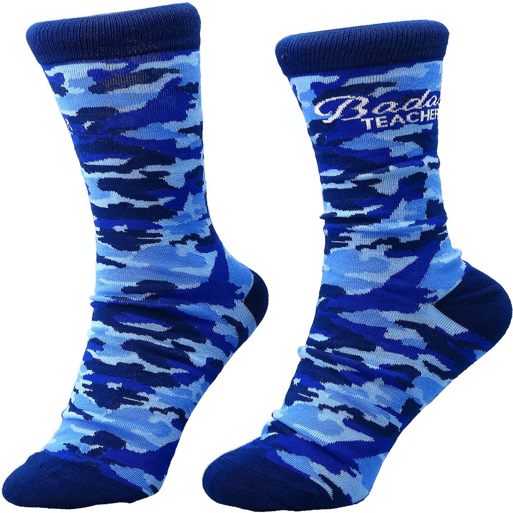 Pavilion - Badass Teacher - M/L 9-13 Women US or 8-12 US Men Blue Camouflage Unisex Cotton Blend Crew Cut Socks