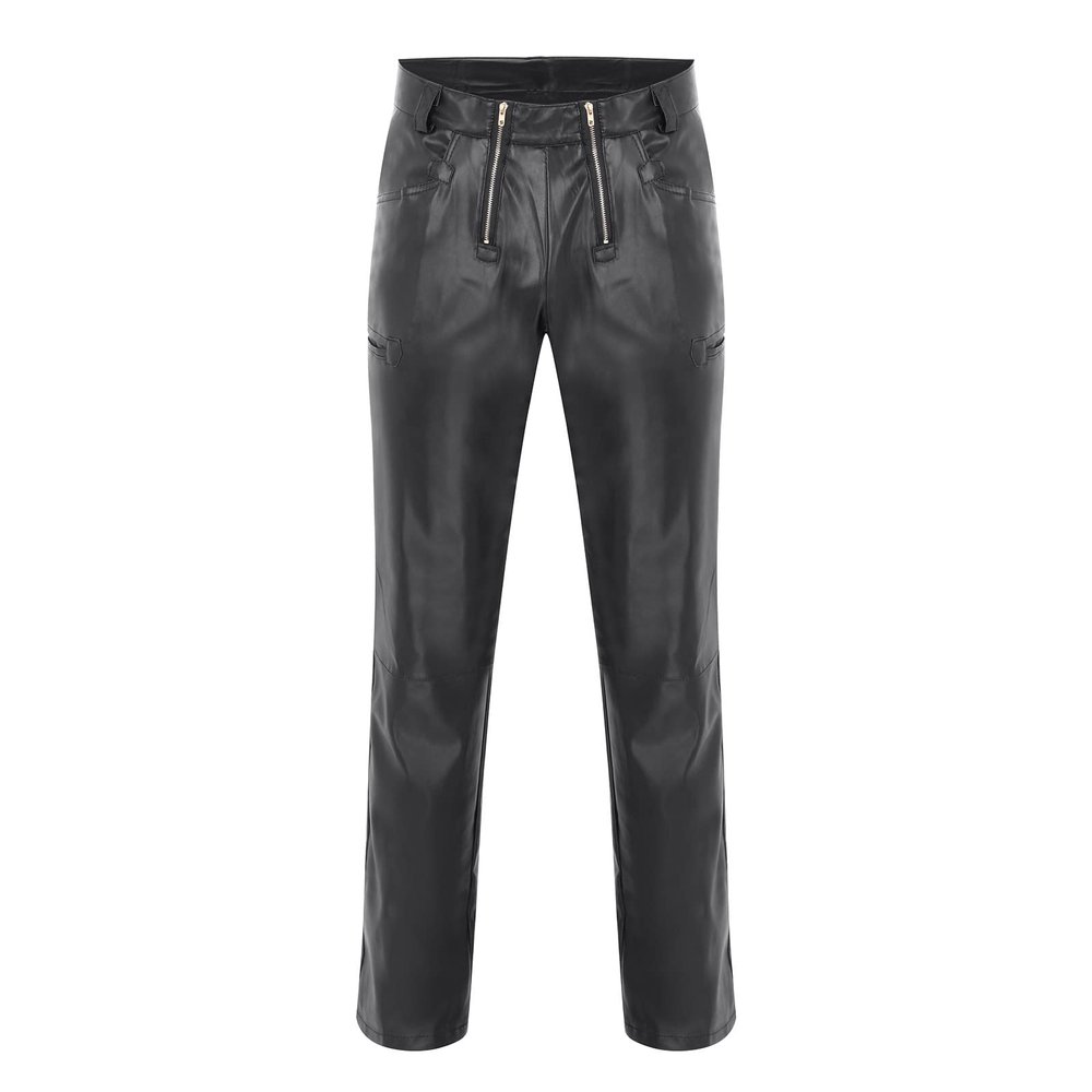 WABEOR Men's Slim Fit Faux Leahter Pants Straight Stretch Biker Pants Plus Size Fashion Punk Motorcycle Pleather Trousers Black