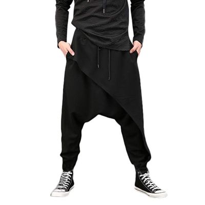 WABEOR Men's Casual Harem Pants Loose Fit Elastic Waist Drawstring Sweatpants Japanese Style Soft Cotton Trousers with Pocket Black