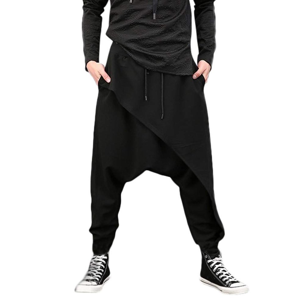 WABEOR Men's Casual Harem Pants Loose Fit Elastic Waist Drawstring Sweatpants Japanese Style Soft Cotton Trousers with Pocket Black