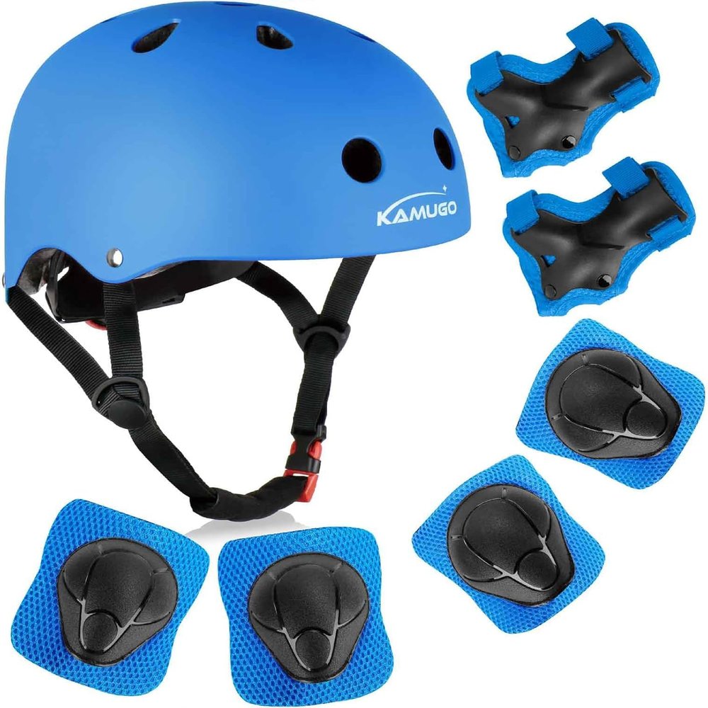 KAMUGO Kids Bike Helmet, Toddler Helmet for Ages 2-8 Boys Girls with Sports Protective Gear Set Knee Elbow Wrist Pads for Skateboard Cycling Scooter Rollerblading (Blue)
