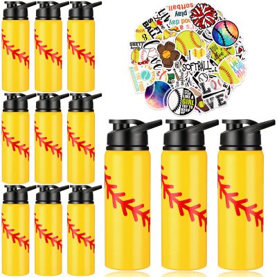 Gerrii 12 Pcs Softball Water Bottles Bulk Softball Gifts for Team 20 oz Stainless Steel Reusable Bottles with Snap Lid 100 Pcs Stickers Helmet Award Decals Stuff