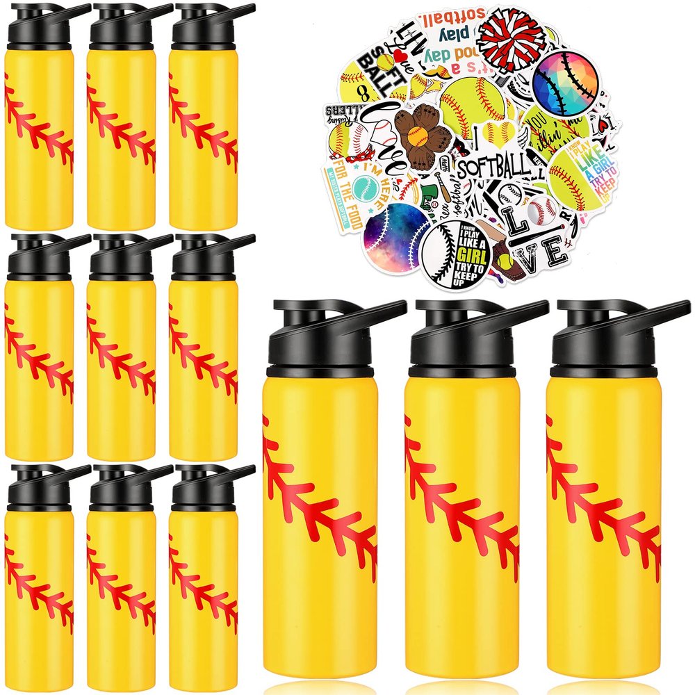 Gerrii 12 Pcs Softball Water Bottles Bulk Softball Gifts for Team 20 oz Stainless Steel Reusable Bottles with Snap Lid 100 Pcs Stickers Helmet Award Decals Stuff