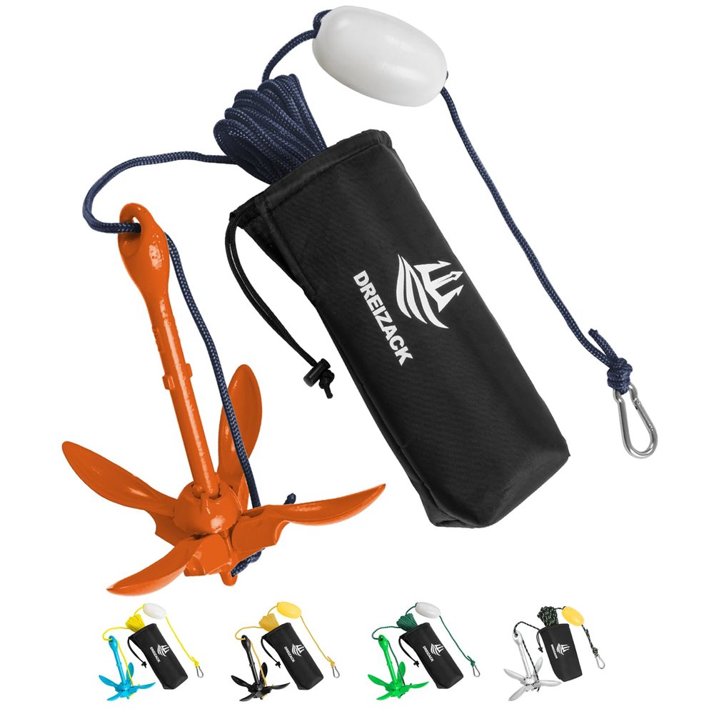 Dreizack Kayak Anchor Kit, 3.5 lb Folding Grapnel Boat Anchor Trolley Accessories with 40ft Rope and PVC Buoy for Fishing Kayaks SUP Paddle Boards Canoes Jet Ski PWC Inflatable Small Boats, Orange