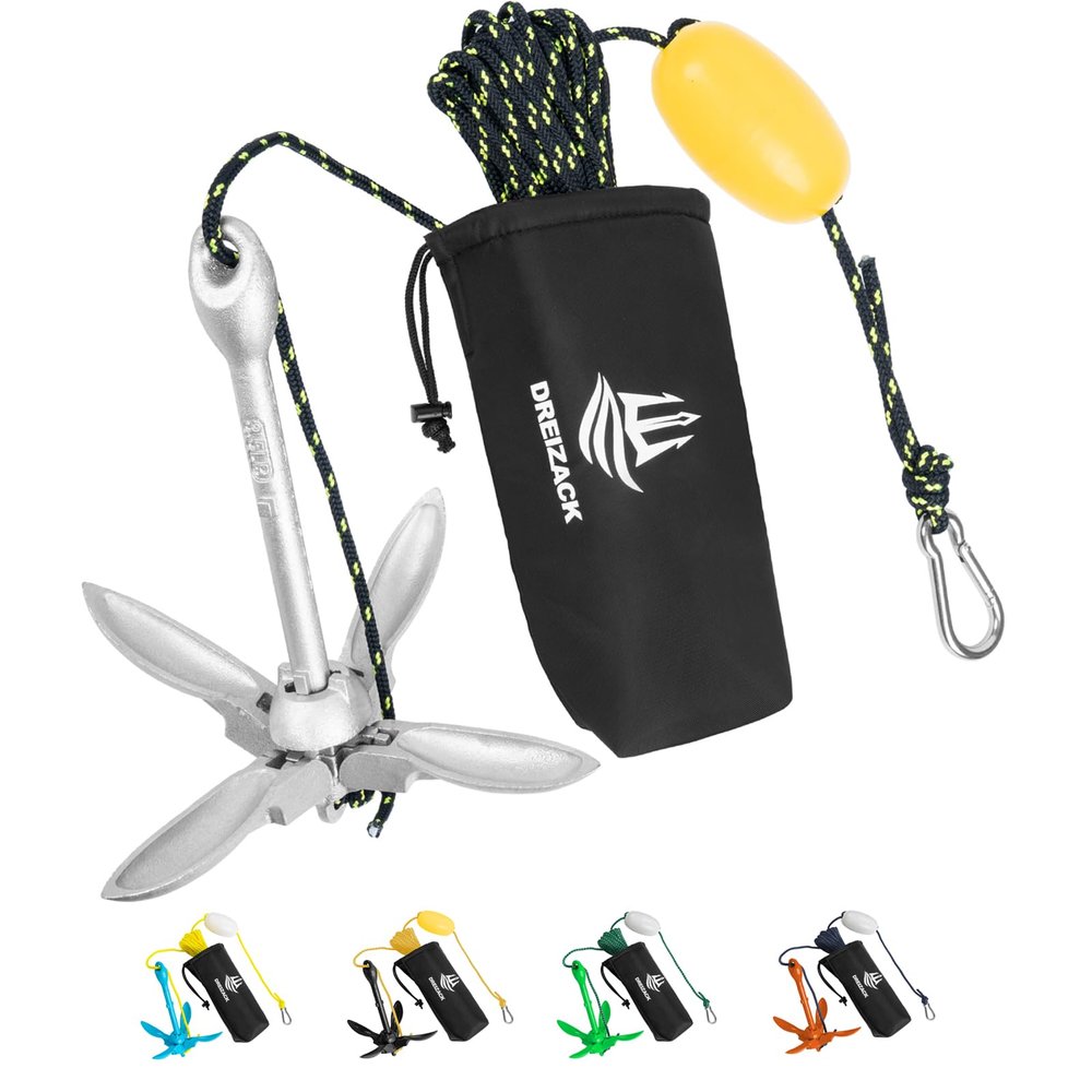 Dreizack Kayak Anchor Kit, 3.5 lb Folding Grapnel Boat Anchor Trolley Accessories with 40ft Rope and PVC Buoy for Fishing Kayaks SUP Paddle Boards Canoes Jet Ski PWC Inflatable Small Boats, Silver