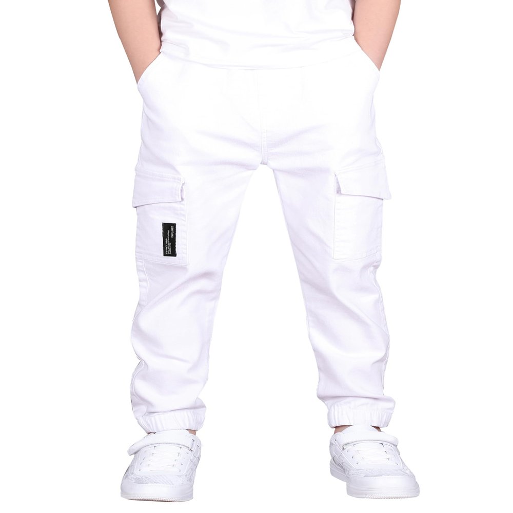 CAMLAKEE Boys Cargo Pants for Kids Stretch Elastic Waist School Youth Twill Joggers White 12-13 Years/Size 160