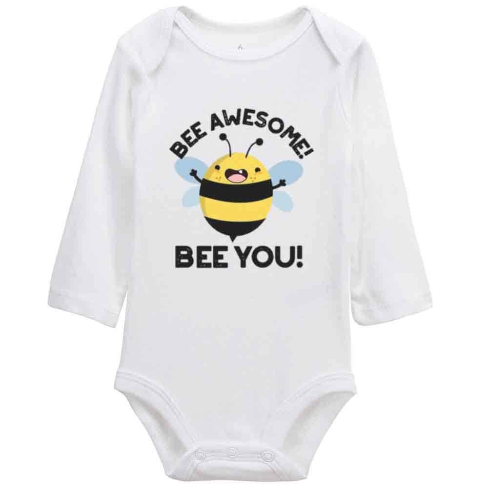 Yeavomeny BEE Awesome Bee You Baby Long Sleeve Playsuit Newborn Bodysuit Outfit Clothes C-White