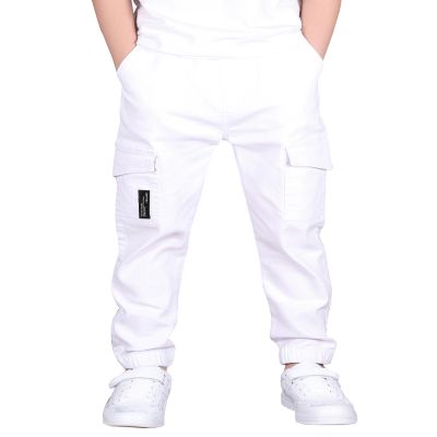 CAMLAKEE Boys Cargo Pants for Kids Stretch Elastic Waist School Youth Twill Joggers White 13-14 Years/Size 170