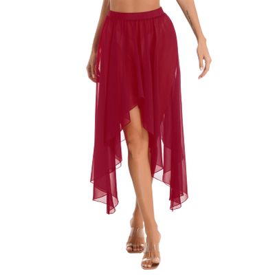 YEAHDOR Women Sheer Chiffon Ballet Skirt Asymmetrical Long Dance Skirts Ballerinas Performance Costume Burgundy One Size