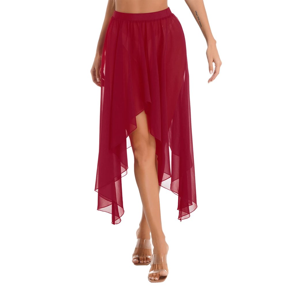 YEAHDOR Women Sheer Chiffon Ballet Skirt Asymmetrical Long Dance Skirts Ballerinas Performance Costume Burgundy One Size