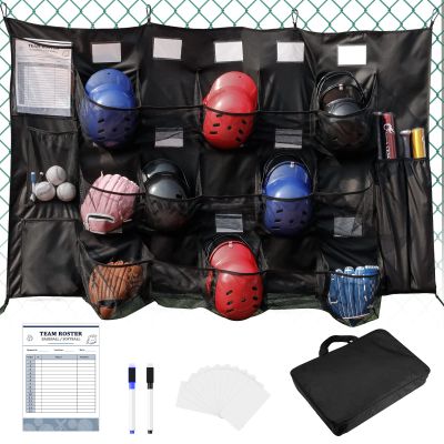 QBA Hanging Helmet Bag for Baseball Softball Team, Helmet Organizer for Dugout Fence Garage, Hold Up to 15 Players Helmets 4 Bats with Name Cards Roster Line Up, Black