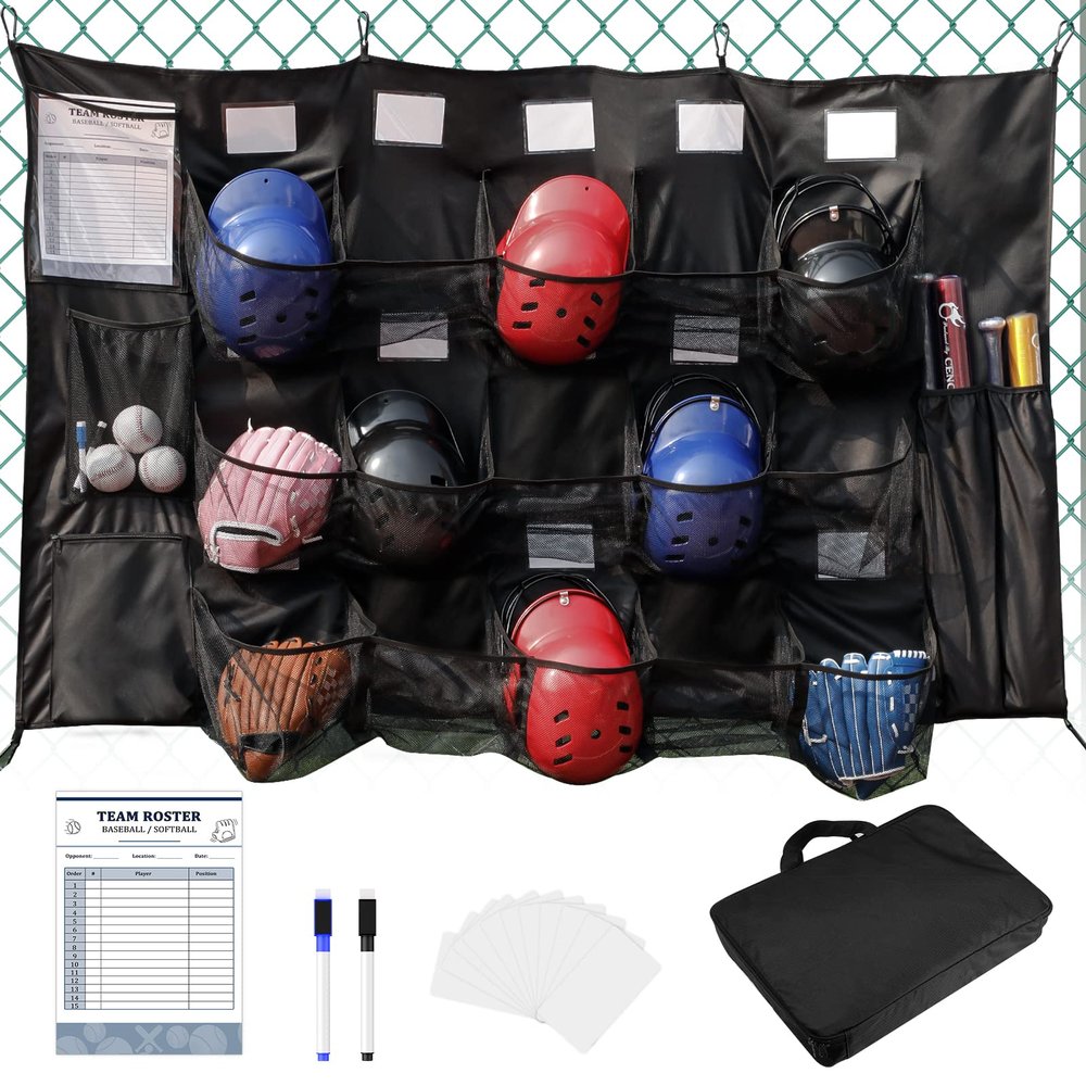 QBA Hanging Helmet Bag for Baseball Softball Team, Helmet Organizer for Dugout Fence Garage, Hold Up to 15 Players Helmets 4 Bats with Name Cards Roster Line Up, Black