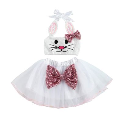 Baby Girl Easter Outfit Cute Bunny Romper Dress Sequin Backless Playwear Dresses with Tulle Newborn 1st Easter Clothes (Halter Shirt+Mesh Skirt,6-12 Months)
