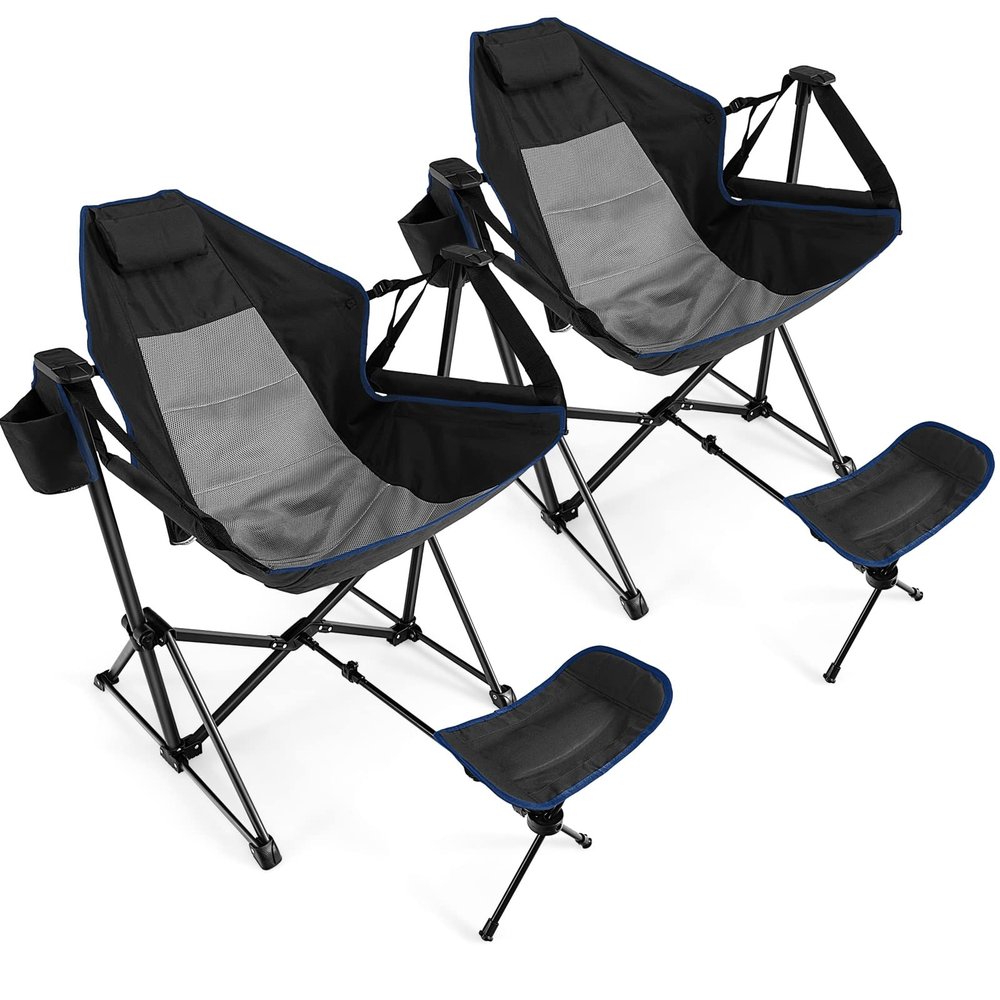 Giantex Outdoor Hammock Camping Chair - Rocking Chair with Removable Footrest, Adjustable Backrest, Pillow, Cup Holder, Storage Bag, Portable Fishing Chair for Poolside Patio Folding Chair (2, Black)