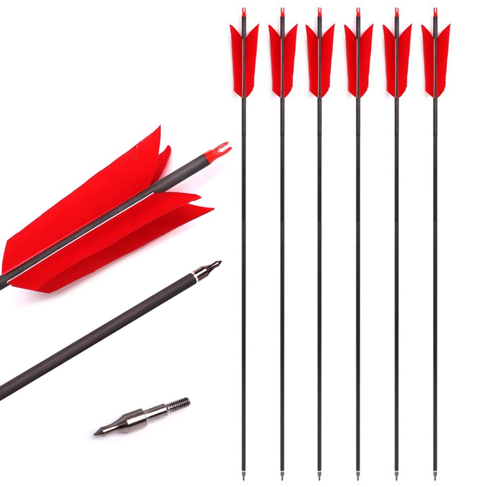 Lamehfyo 31" Carbon Arrows Target Flu-Flu Arrows Spine 500 Hunting and Target Practice Arrows with 4pcs Turkey Feathers for Small Game Hunting Shooting (red, 12pcs)