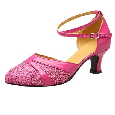 CsgrFagr Women's Ballroom Tango Latin Salsa Dancing Shoes Sequins Shoes Social Dance Shoe Womens Low Wedges (Hot Pink, 5.5)