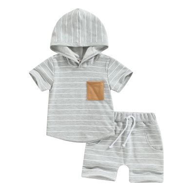allshope Toddler Baby Boy Summer Outfit Short Sleeve Hooded Stripes Top Casual Shorts Set Infant Newborn Clothes 6 12 18 24 Month (Color Gray, 12-18 Months)