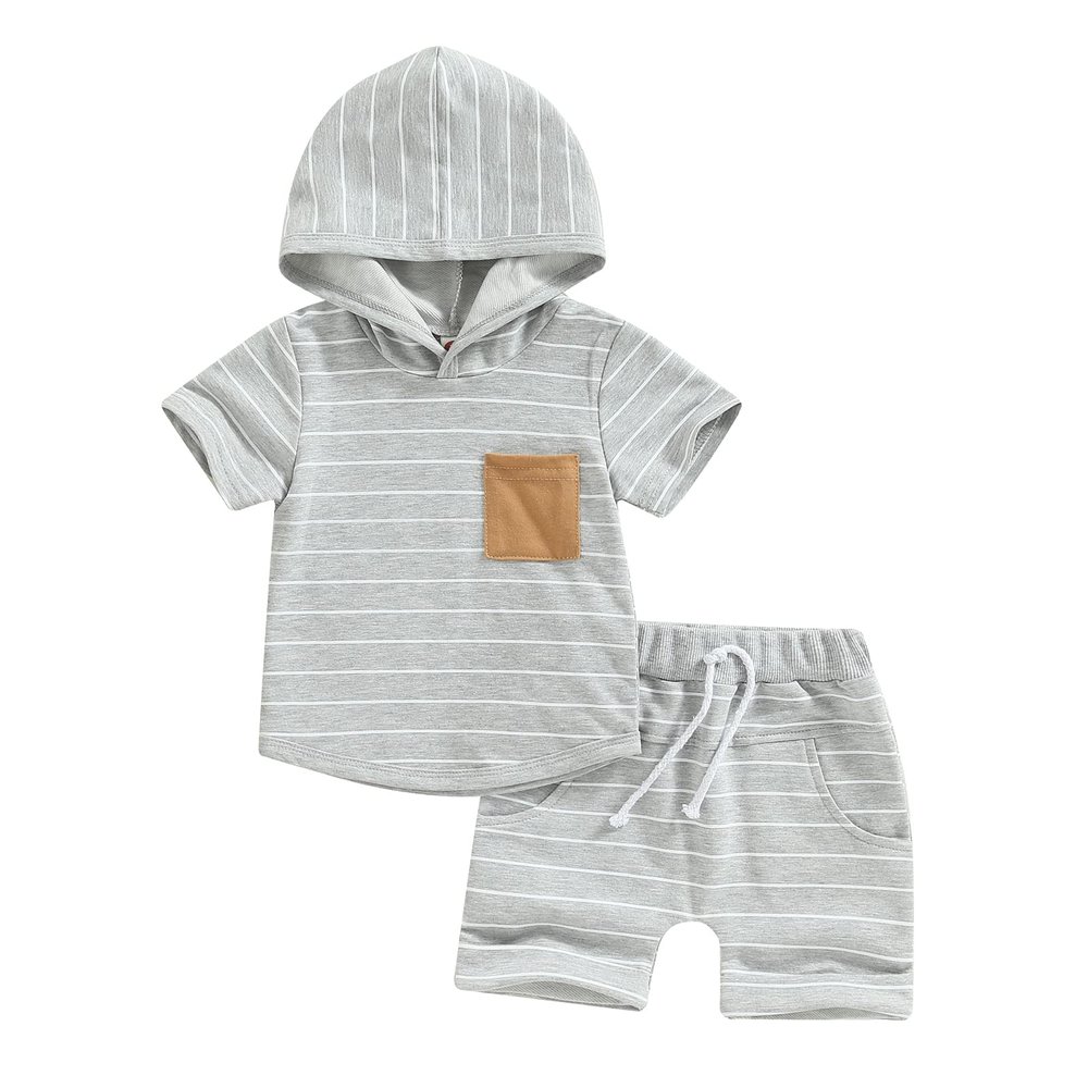 allshope Toddler Baby Boy Summer Outfit Short Sleeve Hooded Stripes Top Casual Shorts Set Infant Newborn Clothes 6 12 18 24 Month (Color Gray, 12-18 Months)