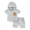 allshope Toddler Baby Boy Summer Outfit Short Sleeve Hooded Stripes Top Casual Shorts Set Infant Newborn Clothes 6 12 18 24 Month (Color Gray, 12-18 Months) view 1