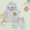 allshope Toddler Baby Boy Summer Outfit Short Sleeve Hooded Stripes Top Casual Shorts Set Infant Newborn Clothes 6 12 18 24 Month (Color Gray, 12-18 Months) view 2