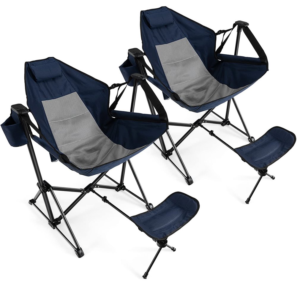 Giantex Outdoor Hammock Camping Chair - Rocking Chair with Removable Footrest, Adjustable Backrest, Pillow, Cup Holder, Storage Bag, Portable Fishing Chair for Poolside Patio Folding Chair (2, Navy)