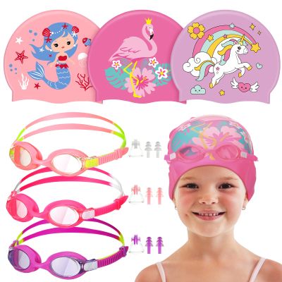 Sureio 12 Pcs Silicone Swim Caps for Kids Girls Durable Waterproof Swimming Caps with Goggles Ear Plug Nose Clip Age 2-14 Cute Unicorn Mermaid Flamingo for Long Short Hair Bathing Boys Girls Toddler