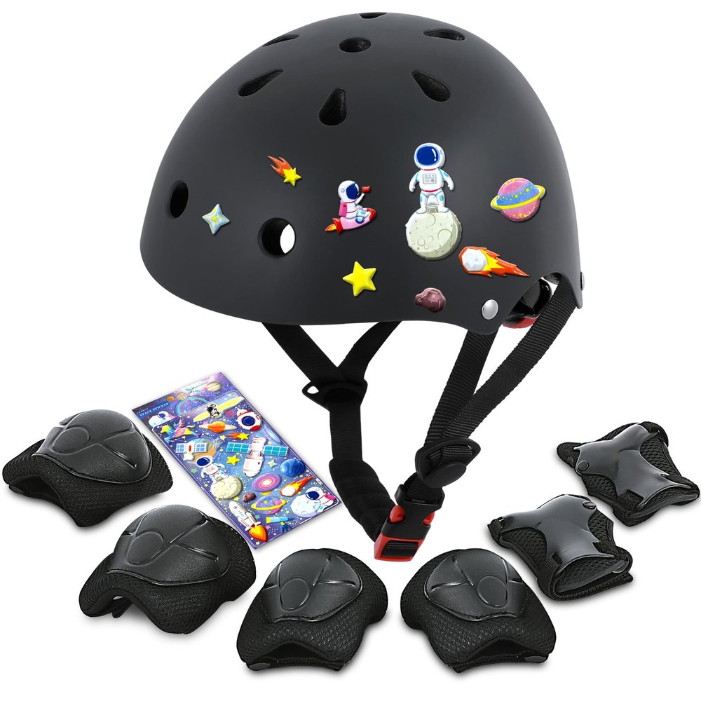 DINILEMU Kids Bike Helmet with DIY Stickers and Knee Pads Elbow Pads Wrist Guard Set for Ages 3-5-8 Toddler Boys Girls Helmet for Roller Skates Cycling Skateboarding Bicycle Scooter-Black