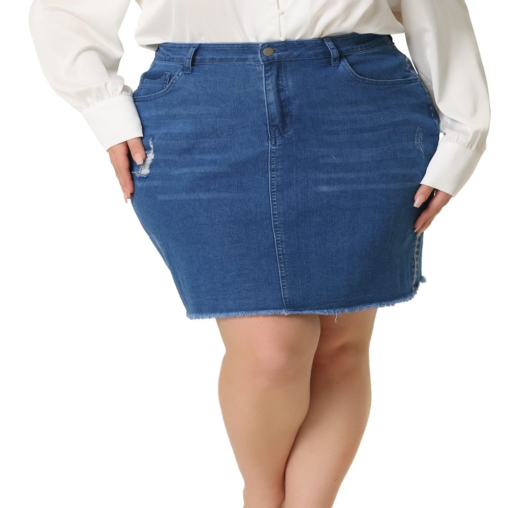 Agnes Orinda Plus Size Denim Skirt for Women Casual Embroidered Distressed Jean Mini Denim Skirts 1X Medium Blue