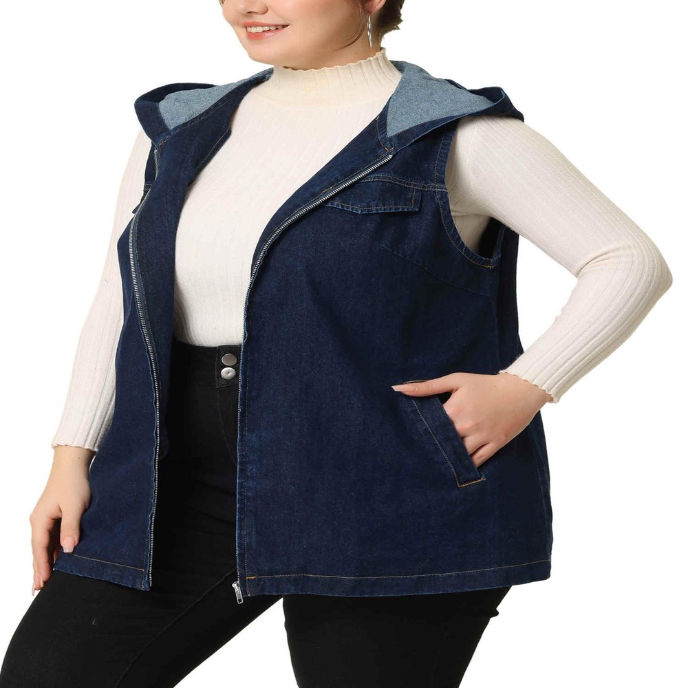 Agnes Orinda Plus Size Denim Vest for Women Sleeveless Lightweight Hoodie Utility 2024 Denim Jacket Vests 2X Black Blue