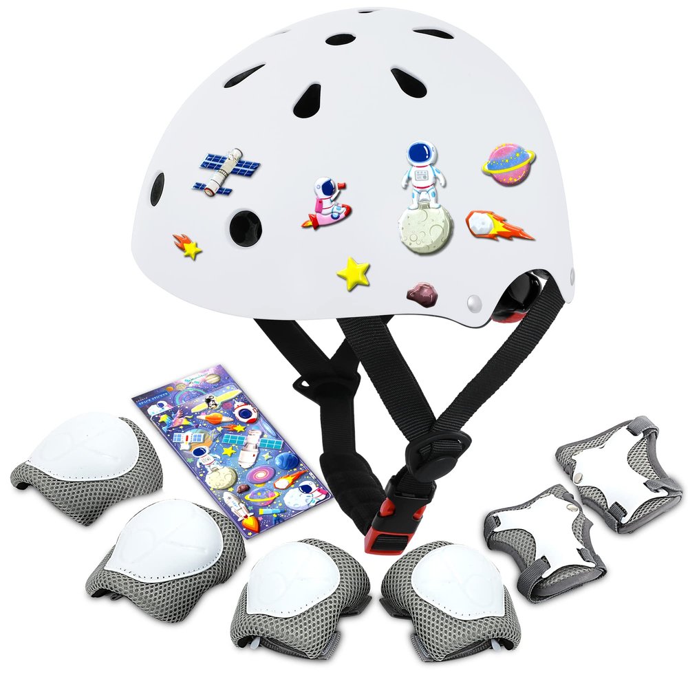 DINILEMU Kids Bike Helmet with DIY Stickers and Knee Pads Elbow Pads Wrist Guard Set for Ages 3-5-8 Toddler Boys Girls Helmet for Roller Skates Cycling Skateboarding Bicycle Scooter-White