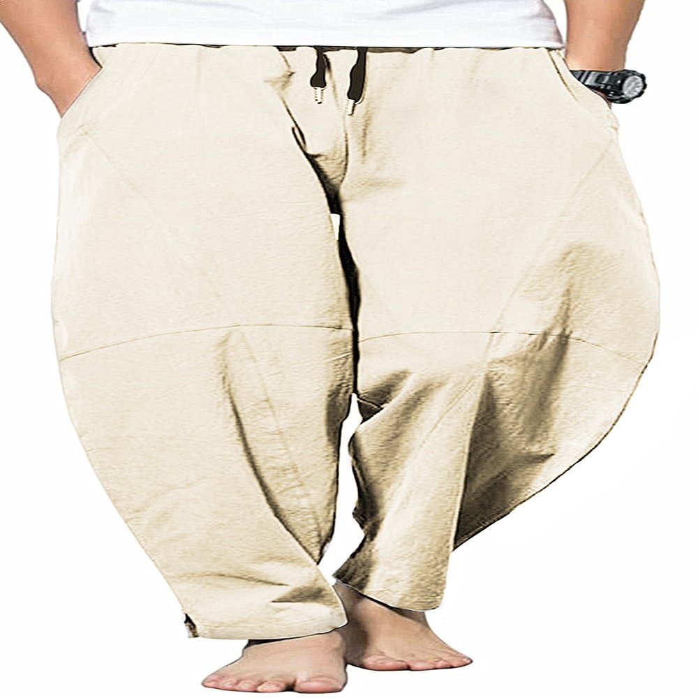 GUDEUBAI Men's Casual Cotton Linen Pants Elastic Waist Drawstring Beach Summer Lightweight Trousers (40, Khaki)