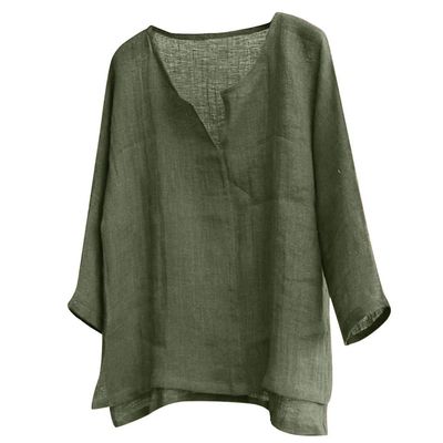 Unisex Plus Size V-Neck Lightweight Oversize Tops Casual Loose Linen Summer Beach Shirts Long Sleeve Cotton Yoga Slouchy Tee Army Green