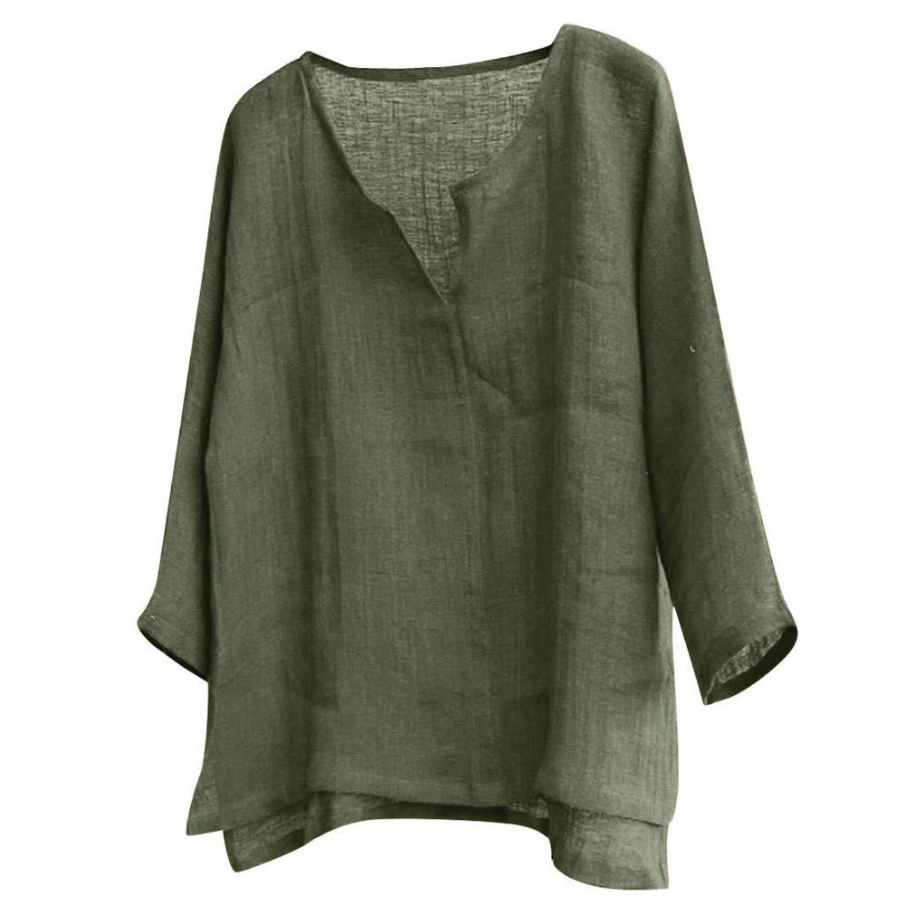 Unisex Plus Size V-Neck Lightweight Oversize Tops Casual Loose Linen Summer Beach Shirts Long Sleeve Cotton Yoga Slouchy Tee Army Green
