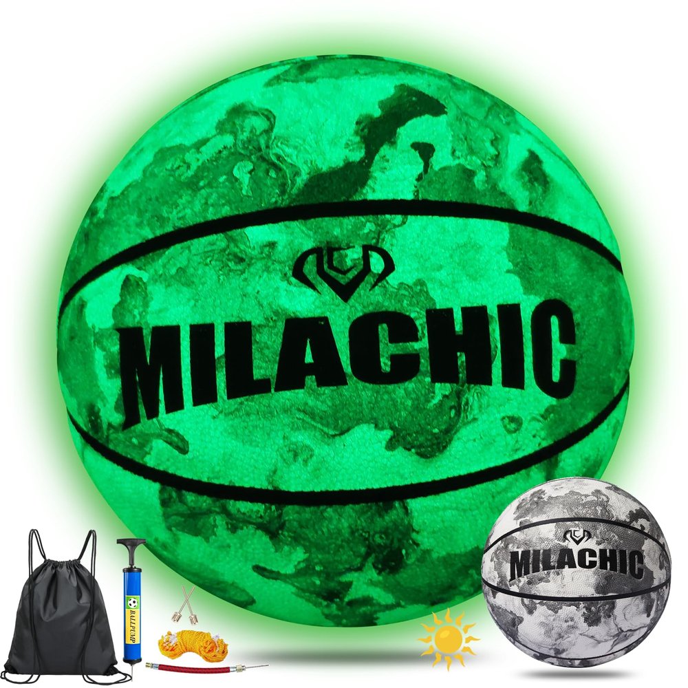 MILACHIC Basketball, Glow in The Dark Basketball Size 5 (27.5"), Luminous Glowing Leather Basketballs Glow with Green Light for Teens, Youth