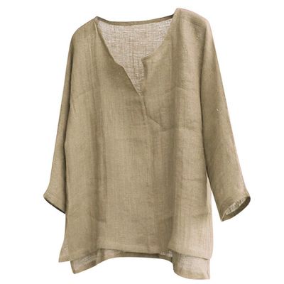 Unisex Plus Size V-Neck Lightweight Oversize Tops Casual Loose Linen Summer Beach Shirts Long Sleeve Cotton Yoga Slouchy Tee Khaki