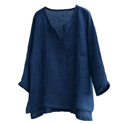 Unisex Plus Size V-Neck Lightweight Oversize Tops Casual Loose Linen Summer Beach Shirts Long Sleeve Cotton Yoga Slouchy Tee Navy