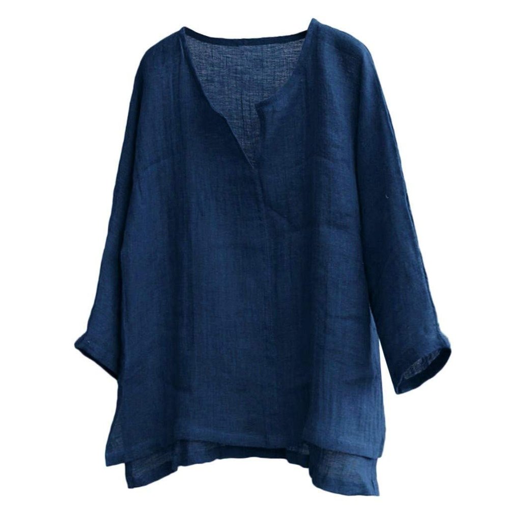 Unisex Plus Size V-Neck Lightweight Oversize Tops Casual Loose Linen Summer Beach Shirts Long Sleeve Cotton Yoga Slouchy Tee Navy