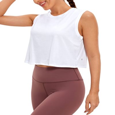 CRZ YOGA Pima Cotton Cropped Tank Tops for Women Workout Crop Top Sleeveless Athletic Shirts Loose Yoga Tops White X-Large